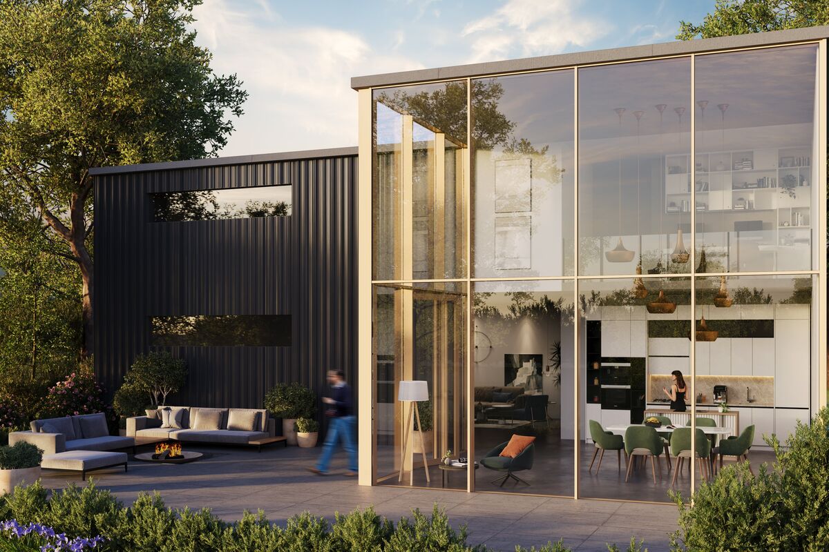 Architektonisches Rendering eines modernen Privathauses mit raumhohen Glasfassaden.
