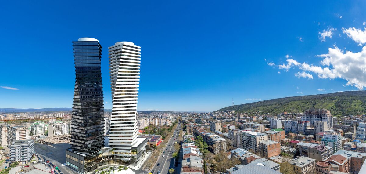 City landscape with twin skyscrapers 